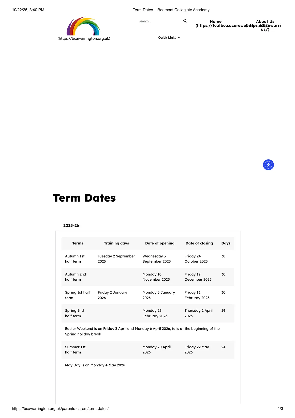 Beamont Collegiate Academy term dates