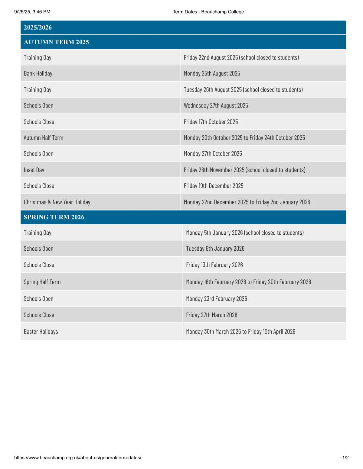 Beauchamp College term dates