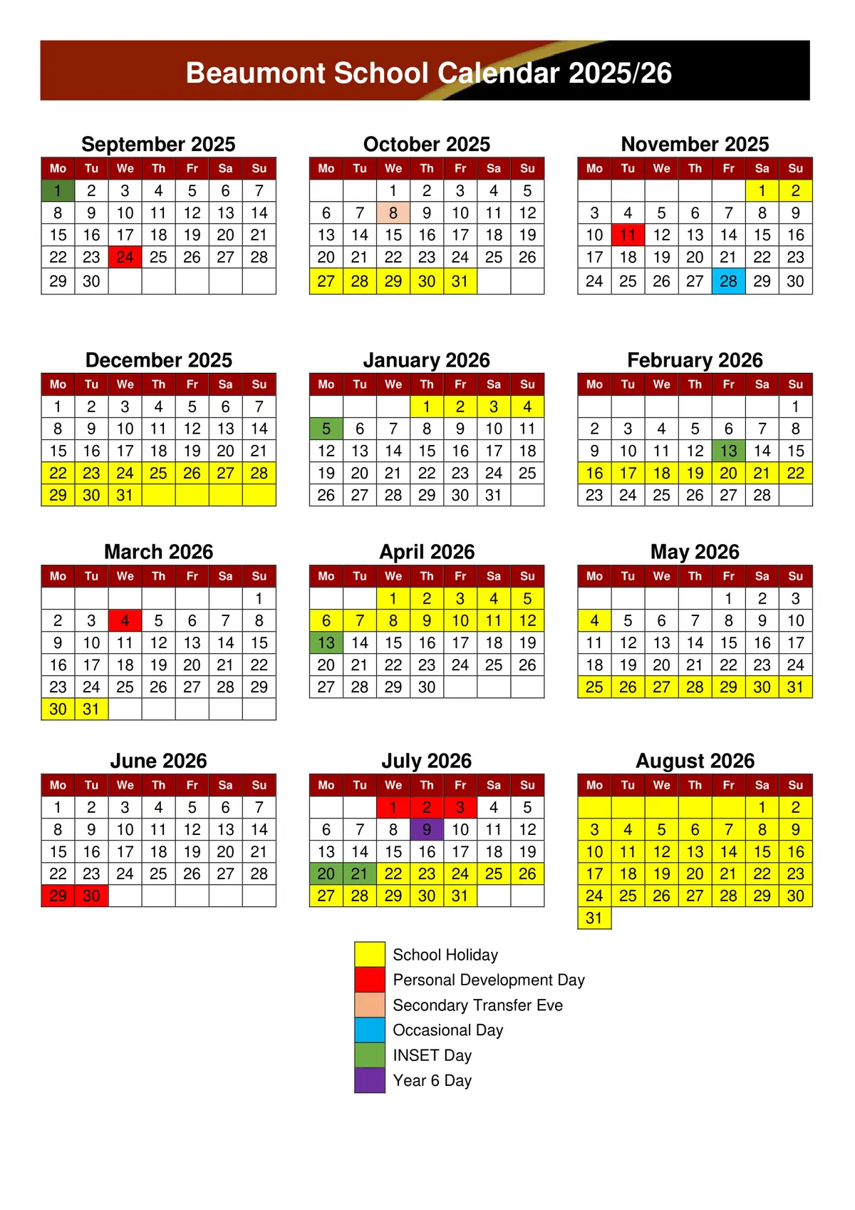 Beaumont School term dates