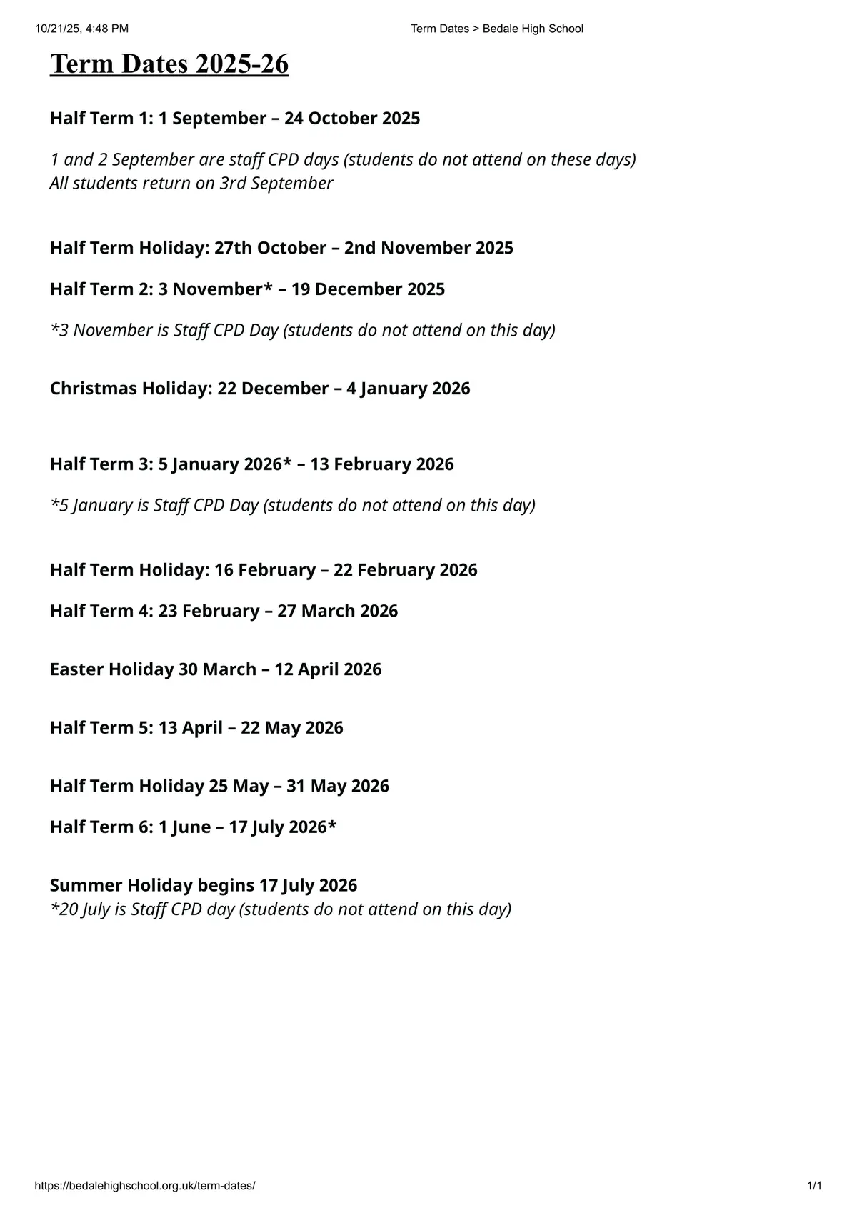 Bedale High School term dates