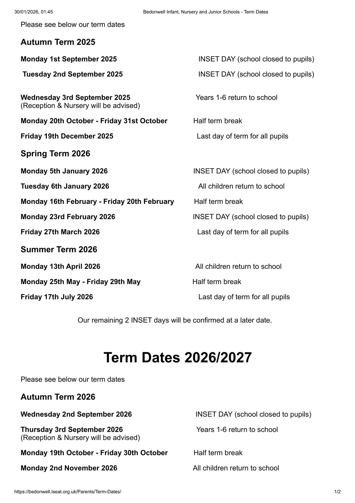 Bedonwell Infant and Nursery School term dates