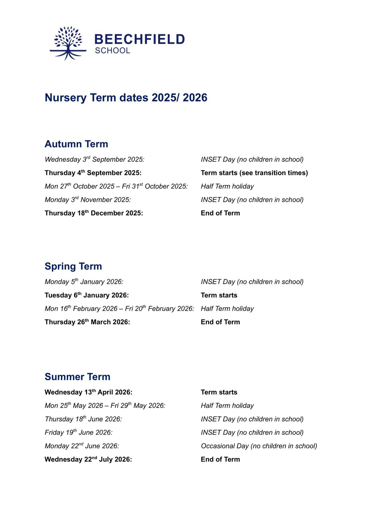 Beechfield School term dates