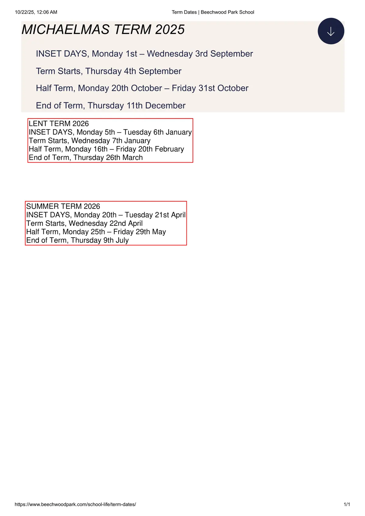 Beechwood Park School term dates