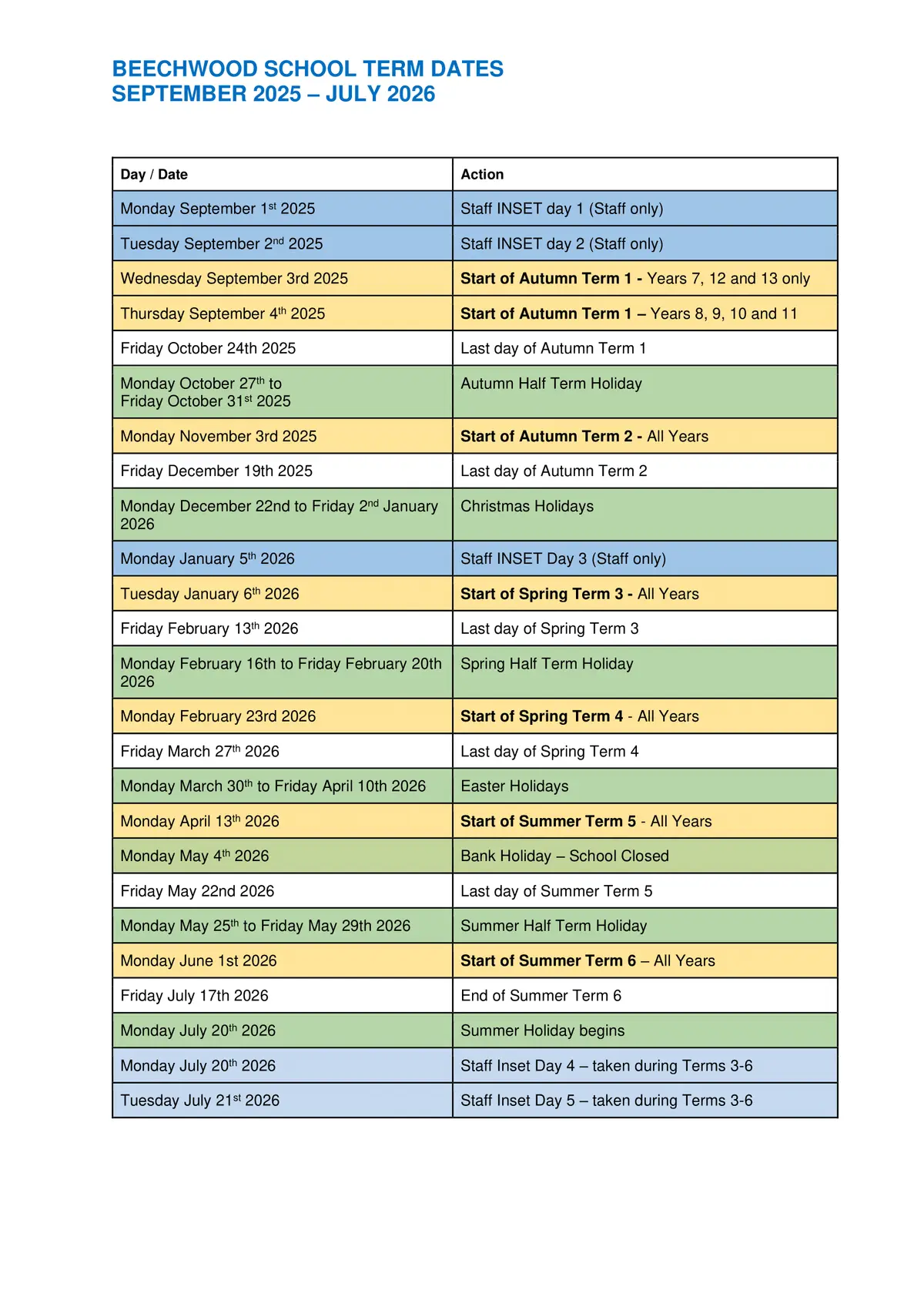 Beechwood School term dates
