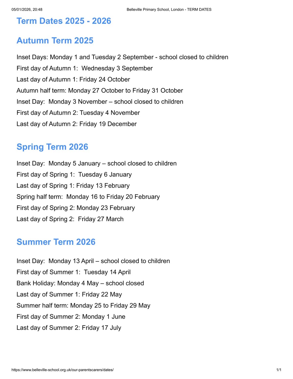 Belleville Primary School term dates