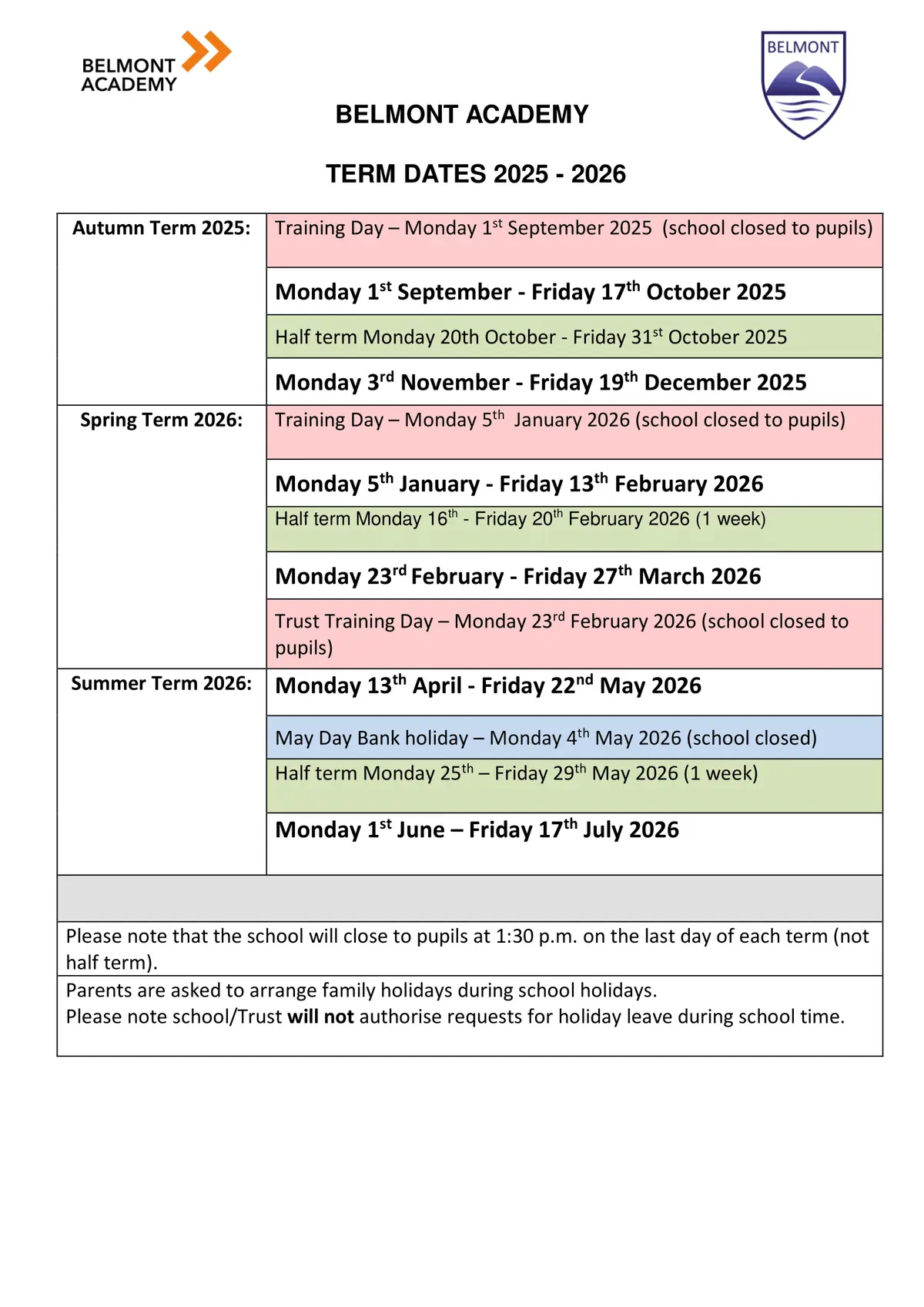 Belmont Academy term dates