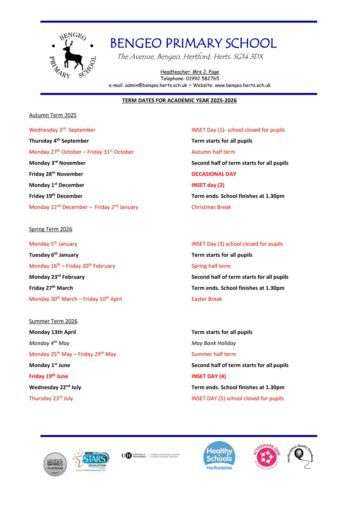 Bengeo Primary School term dates