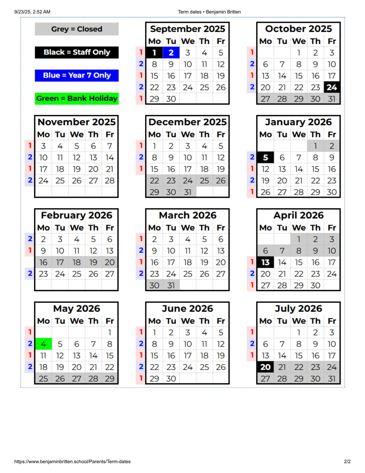 Benjamin Britten Academy of Music and Mathematics term dates