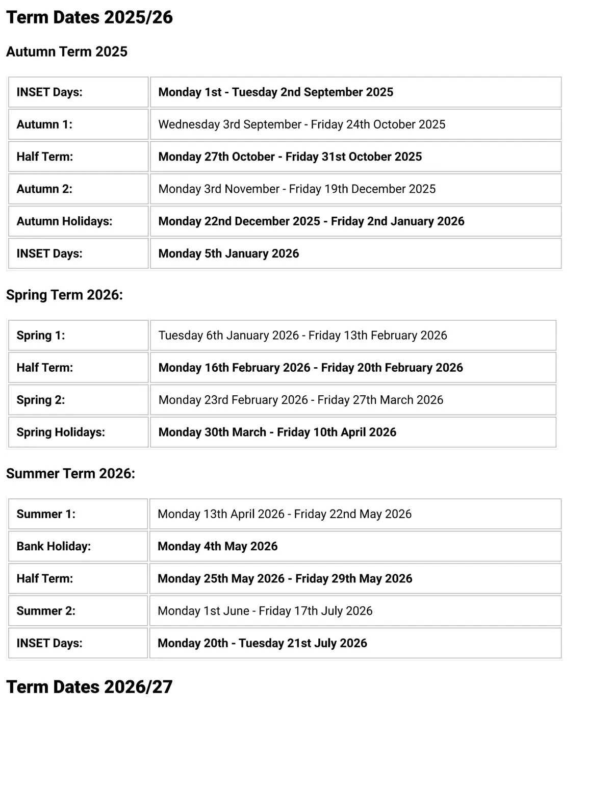 Bevington Primary School term dates