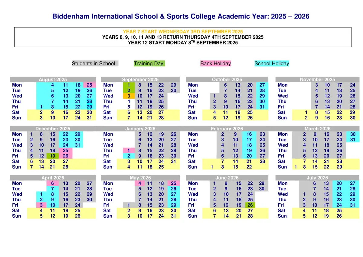 Biddenham International School and Sports College term dates