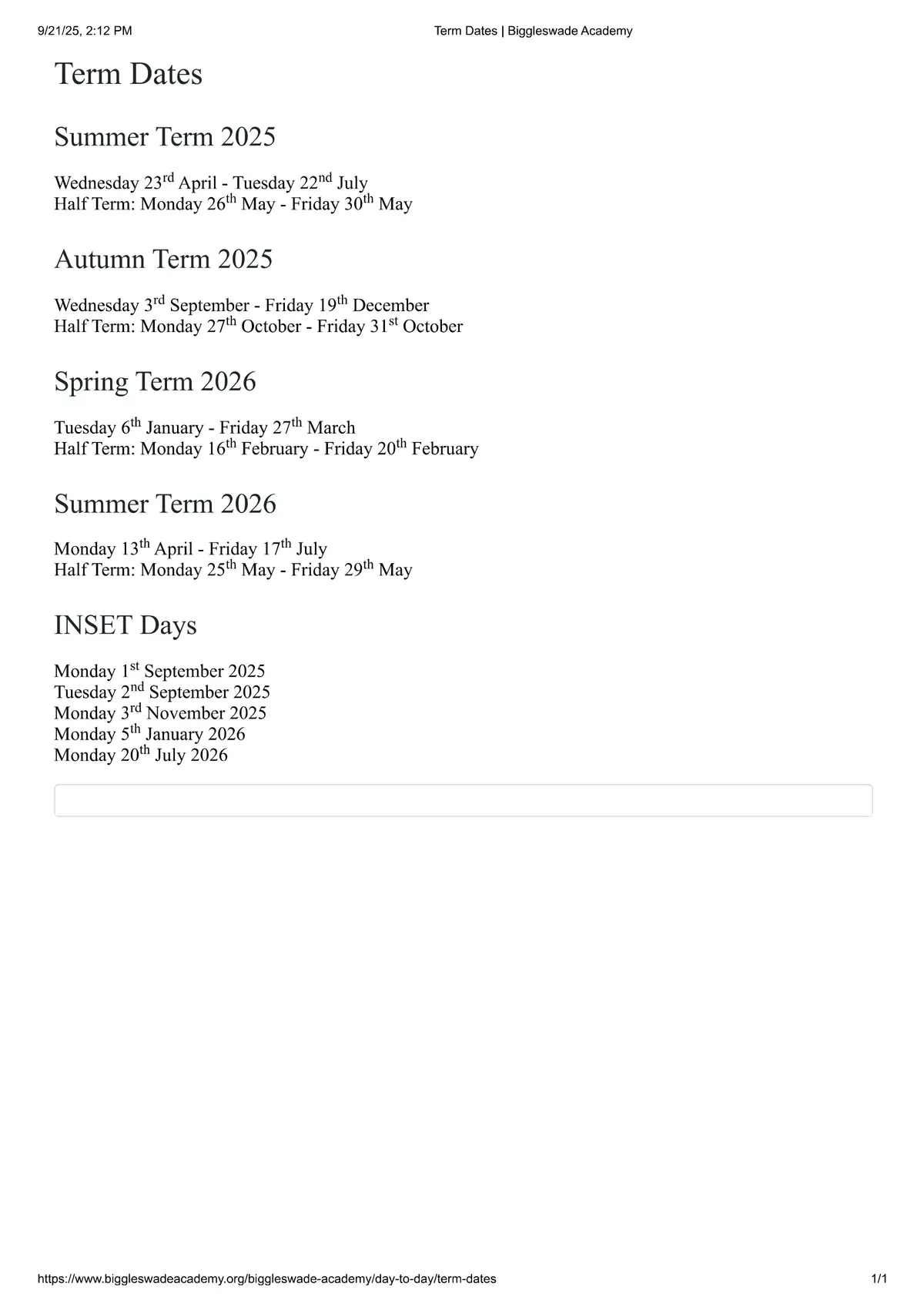 Biggleswade Academy term dates