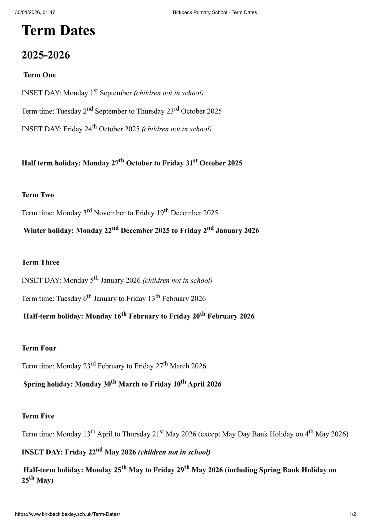 Birkbeck Primary School term dates