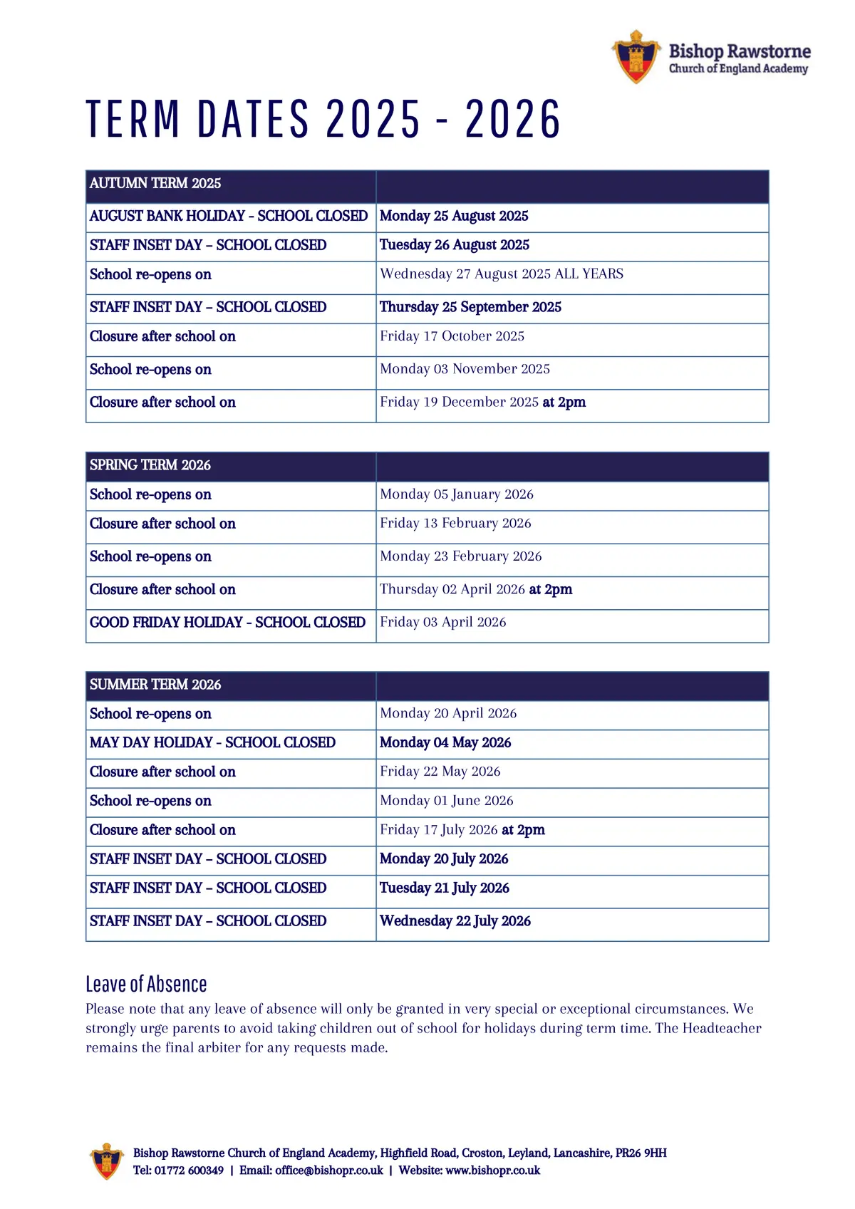 Bishop Rawstorne Church of England Academy term dates