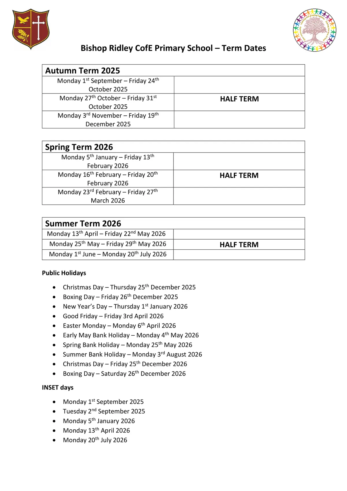 Bishop Ridley Church of England VA Primary School term dates