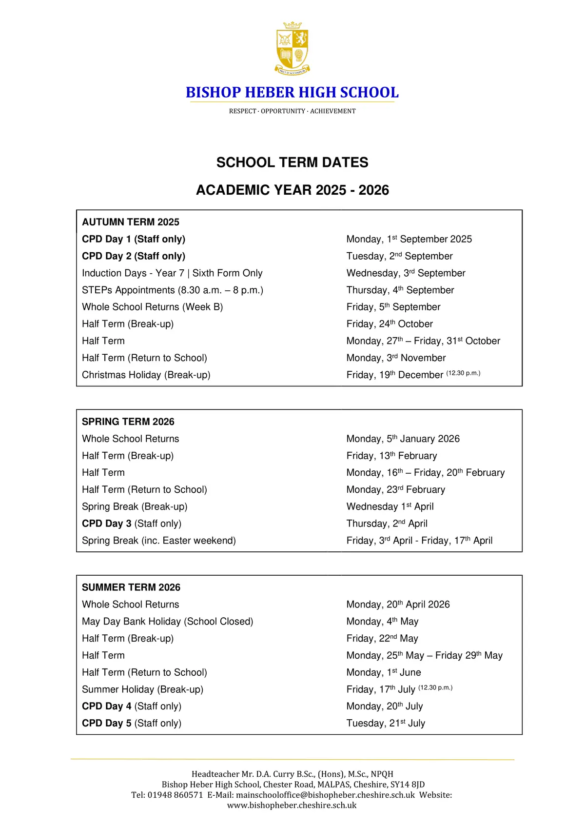 Bishop Heber High School term dates
