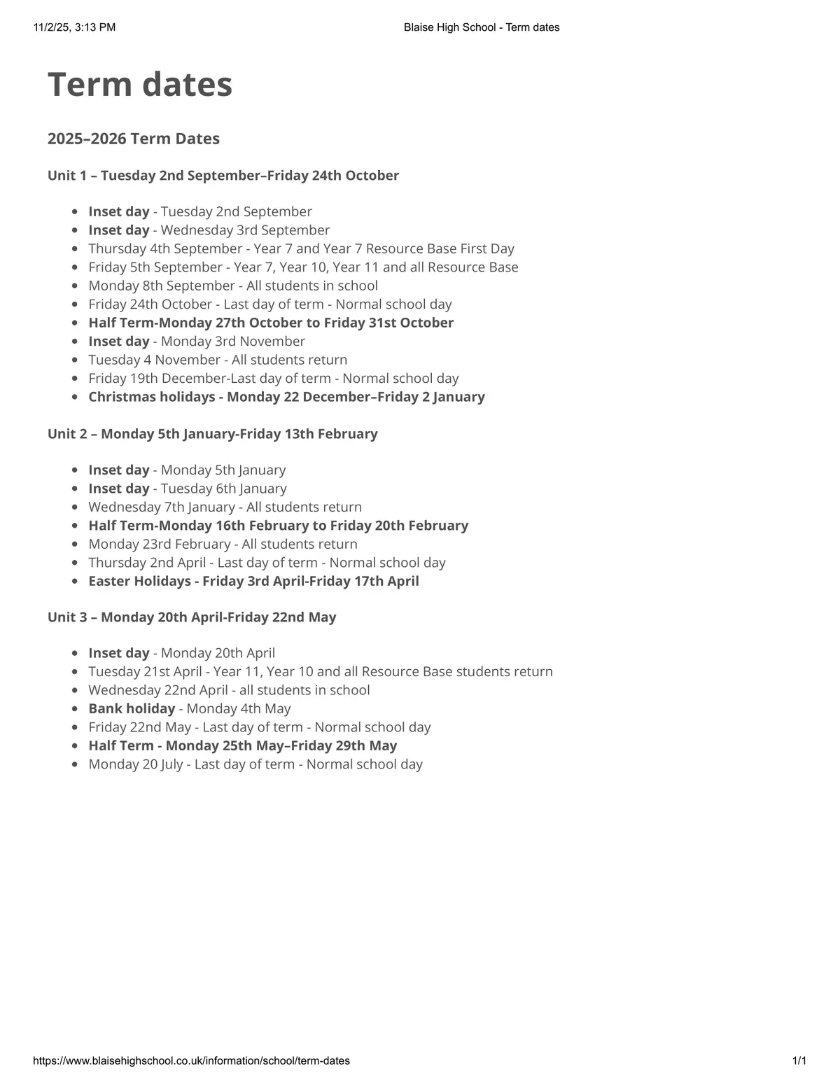 Blaise High School term dates