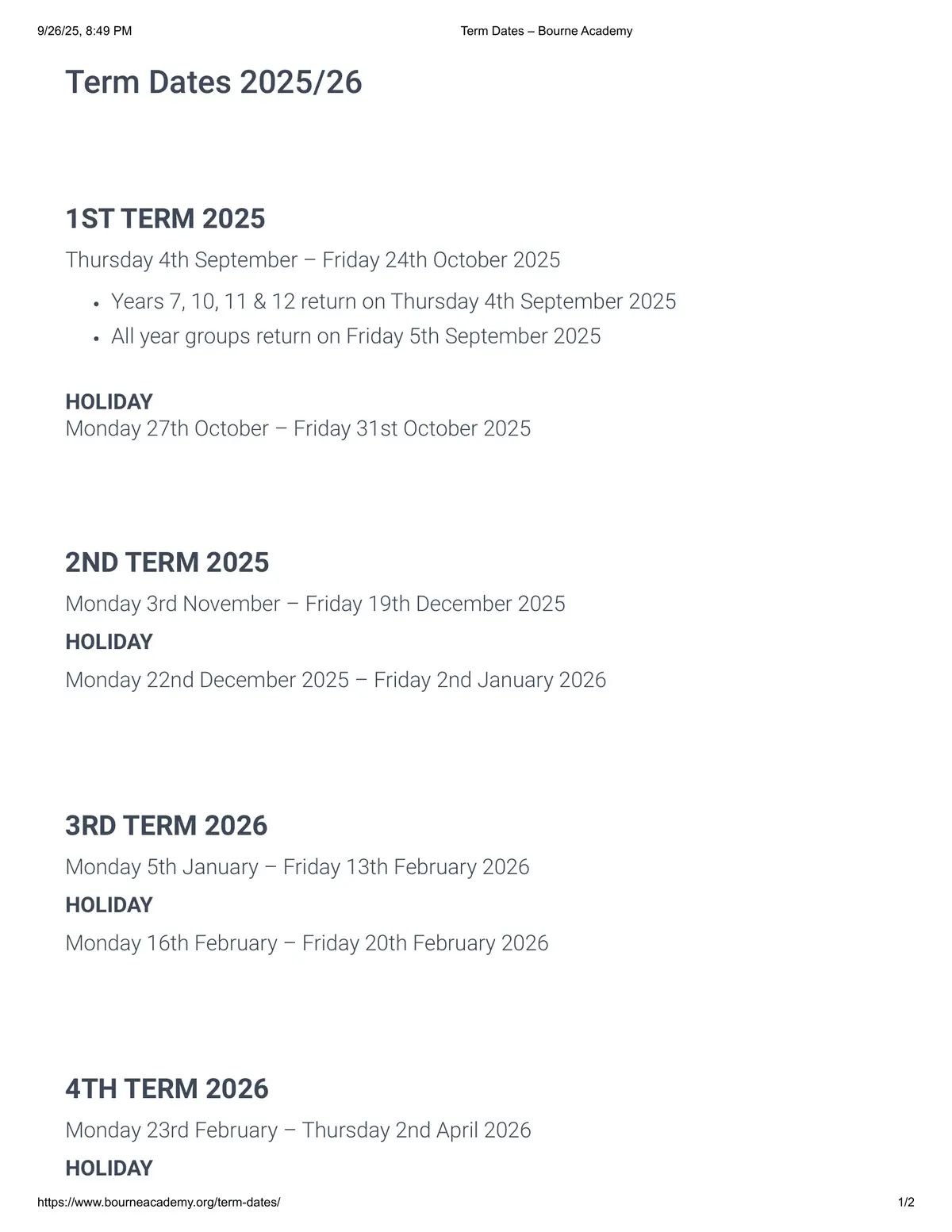 Bourne Academy term dates