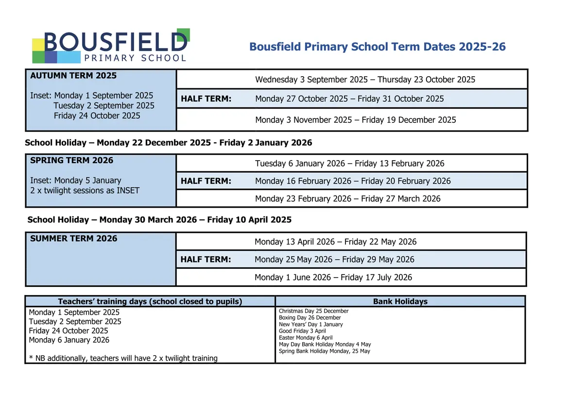 Bousfield Primary School term dates