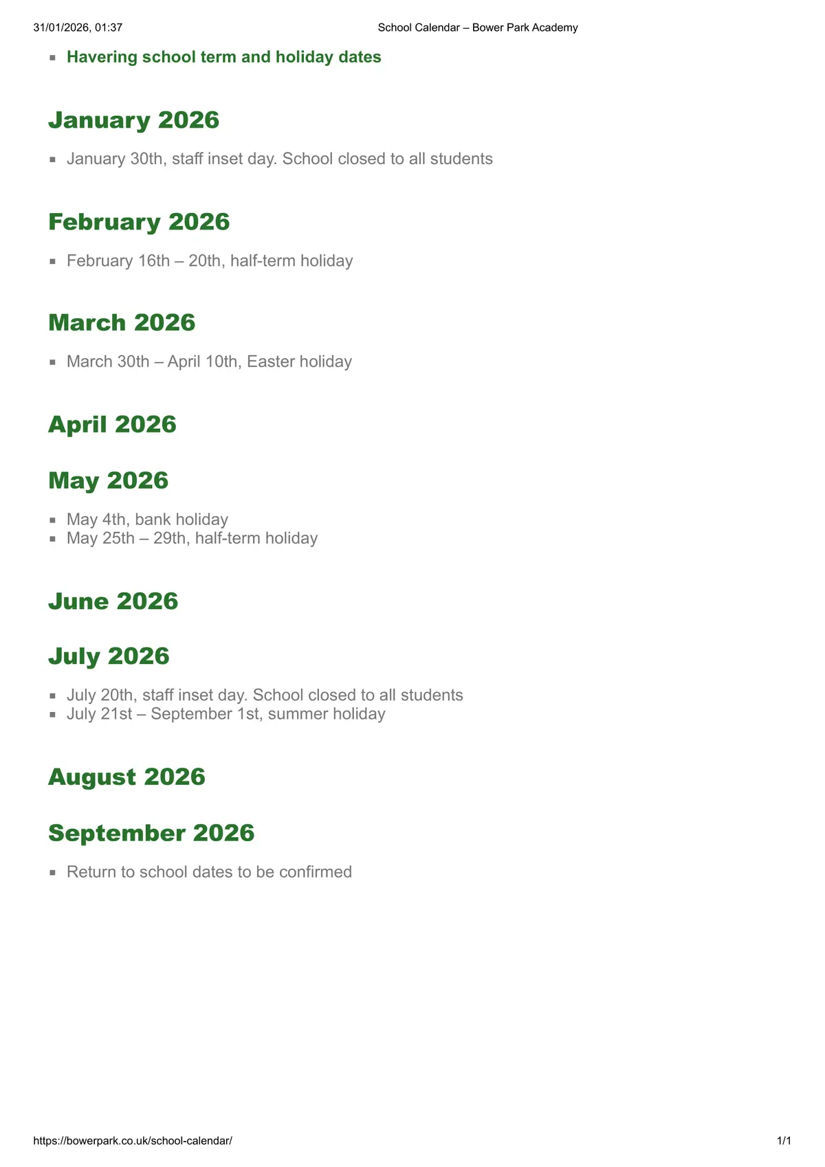 Bower Park Academy term dates