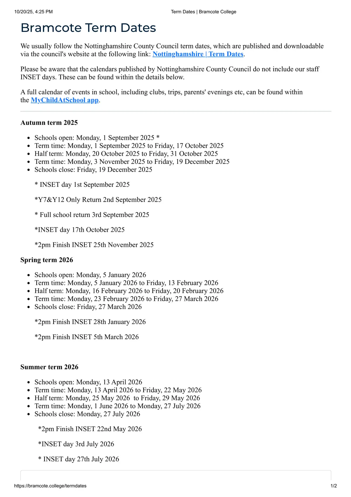 Bramcote College term dates