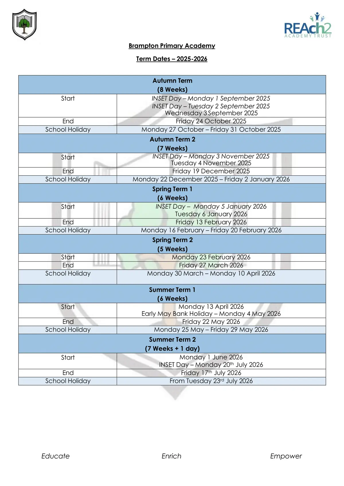 Brampton Primary Academy term dates