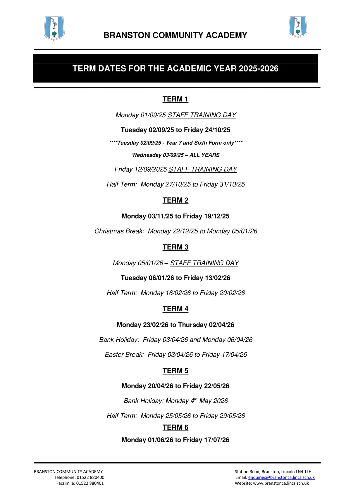 Branston Community Academy term dates