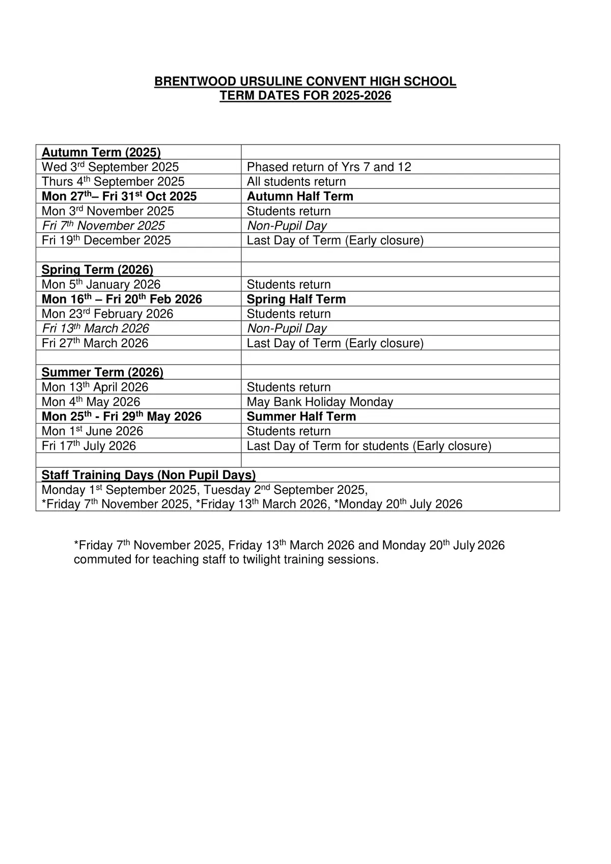 Brentwood Ursuline Convent High School term dates