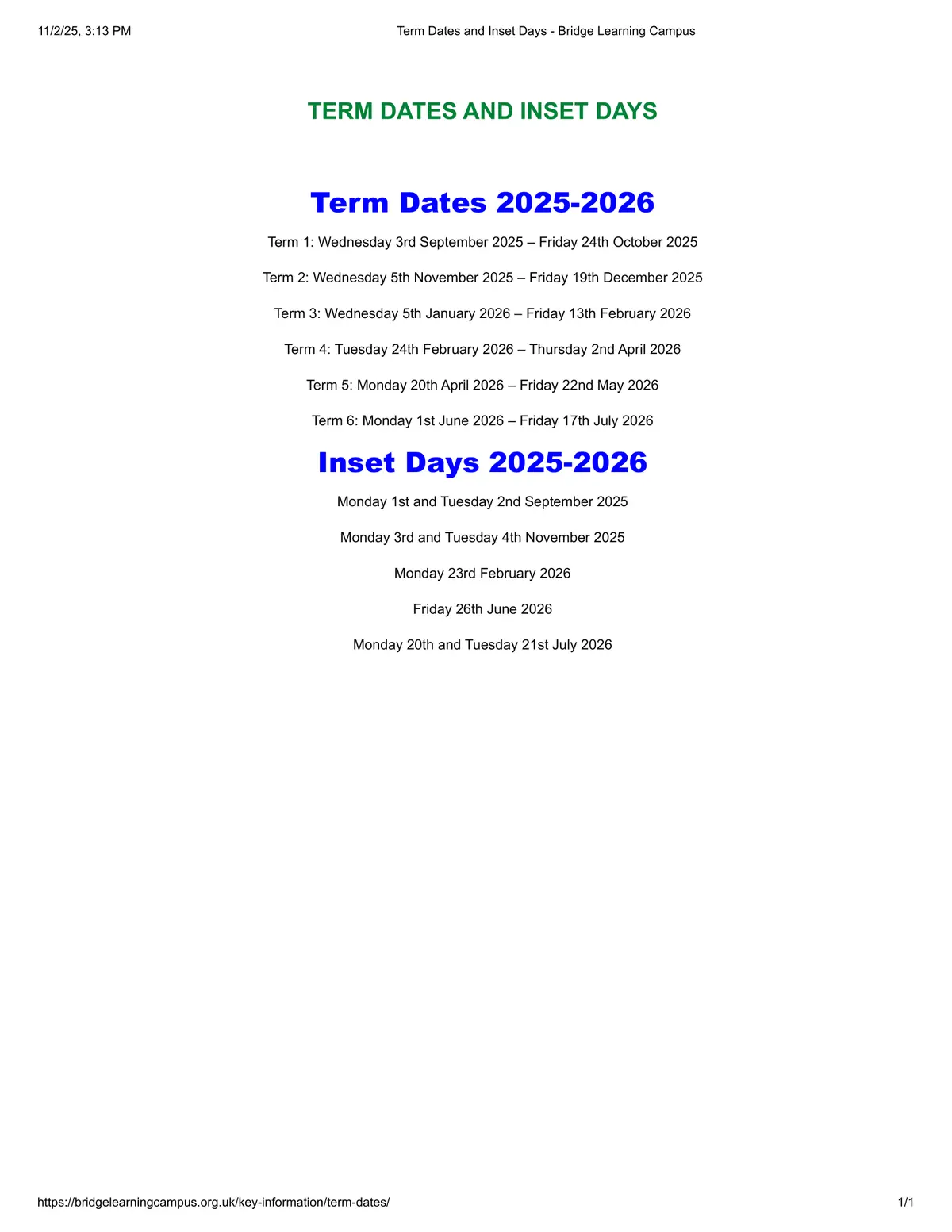 Bridge Learning Campus term dates