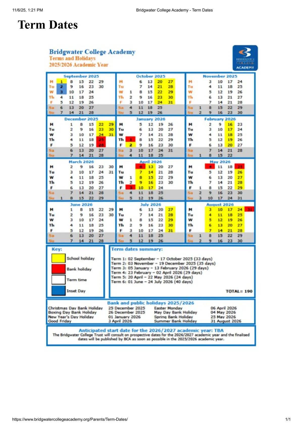 Bridgwater College Academy term dates