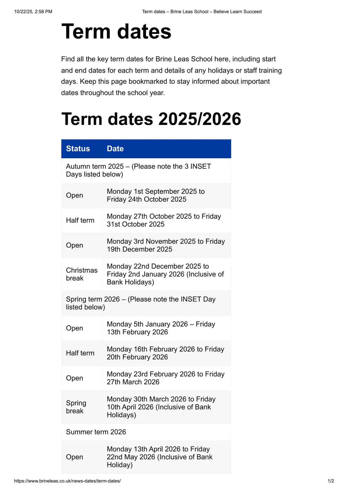Brine Leas School term dates