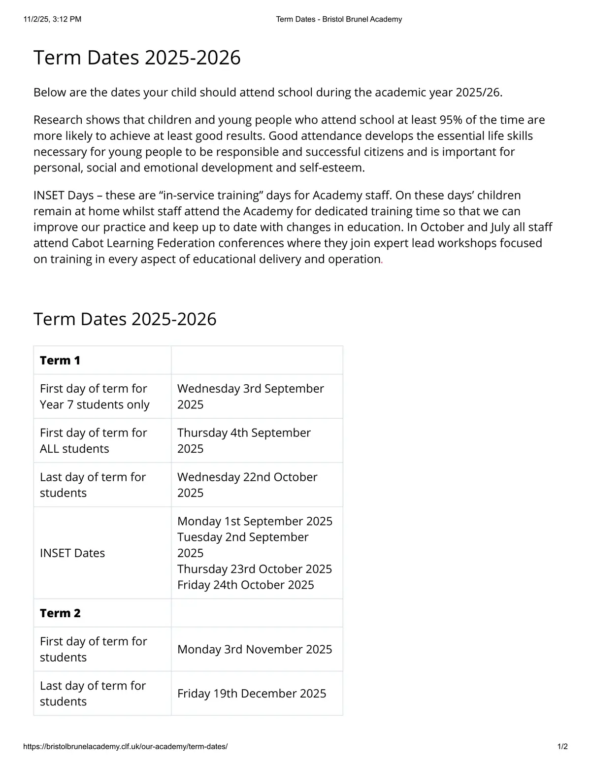 Bristol Brunel Academy term dates