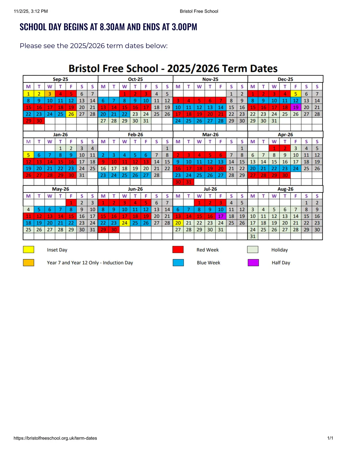 Bristol Free School term dates