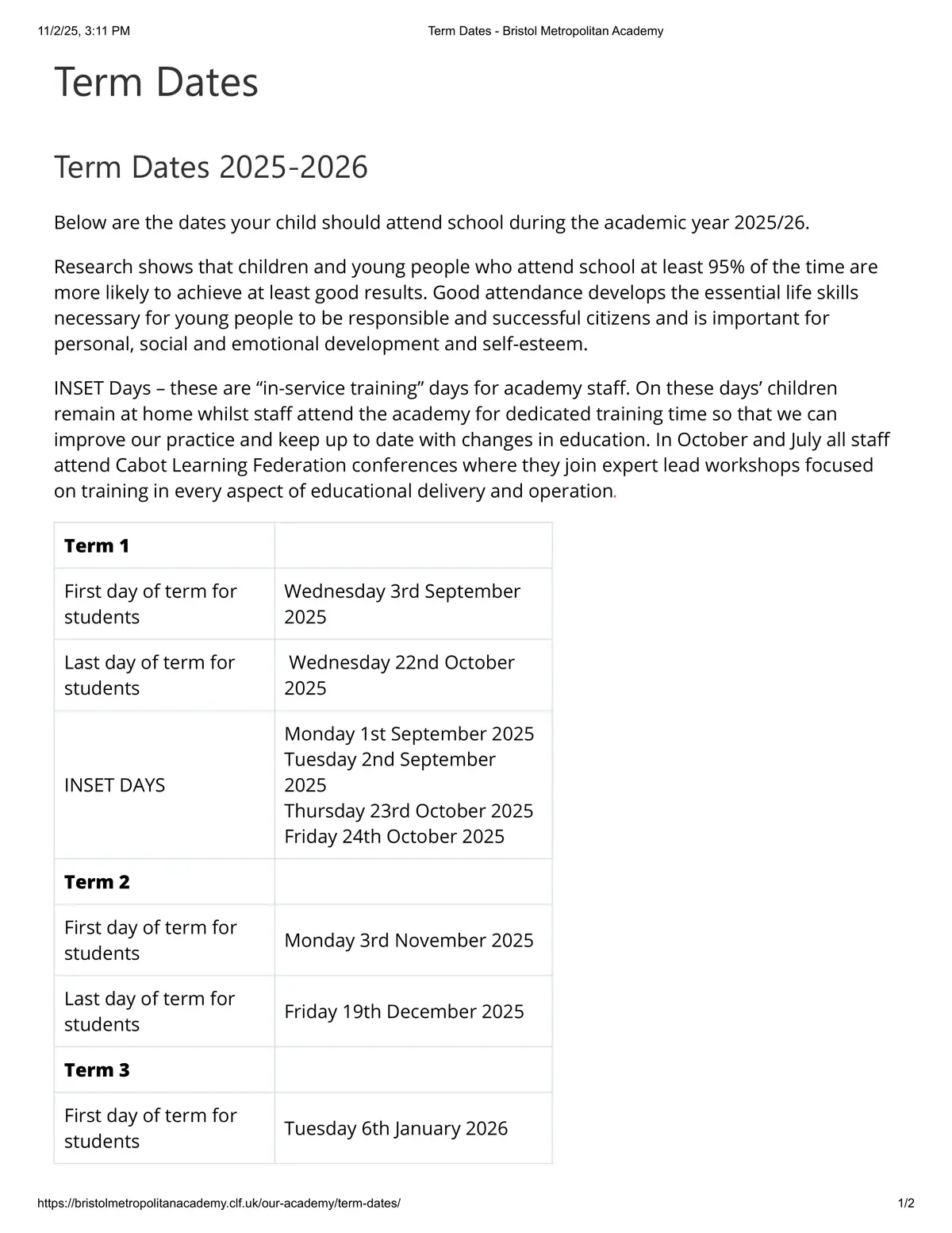 Bristol Metropolitan Academy term dates