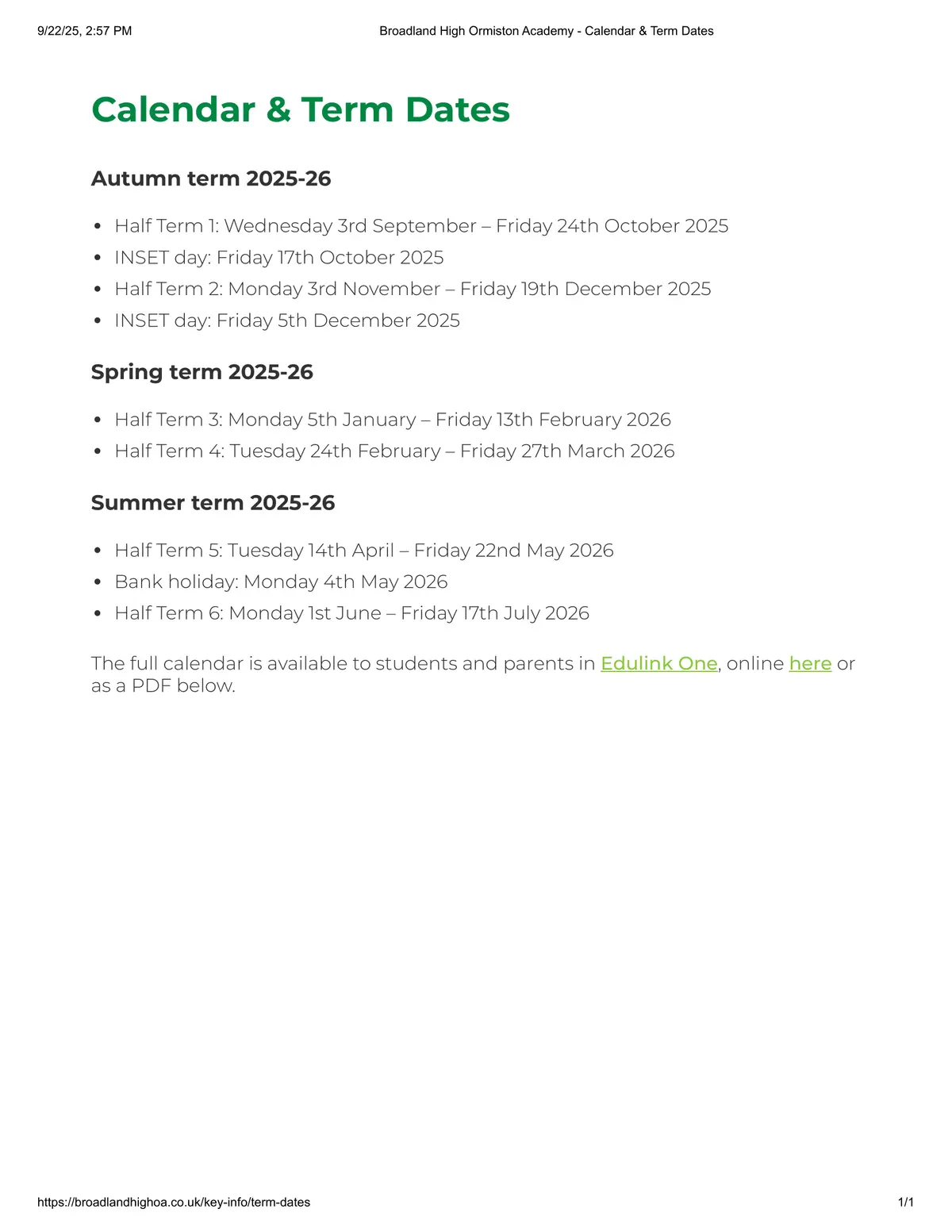 Broadland High Ormiston Academy term dates