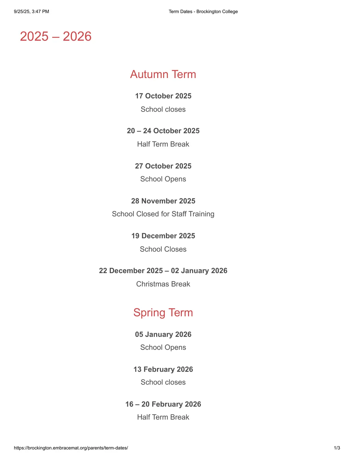 Brockington College term dates