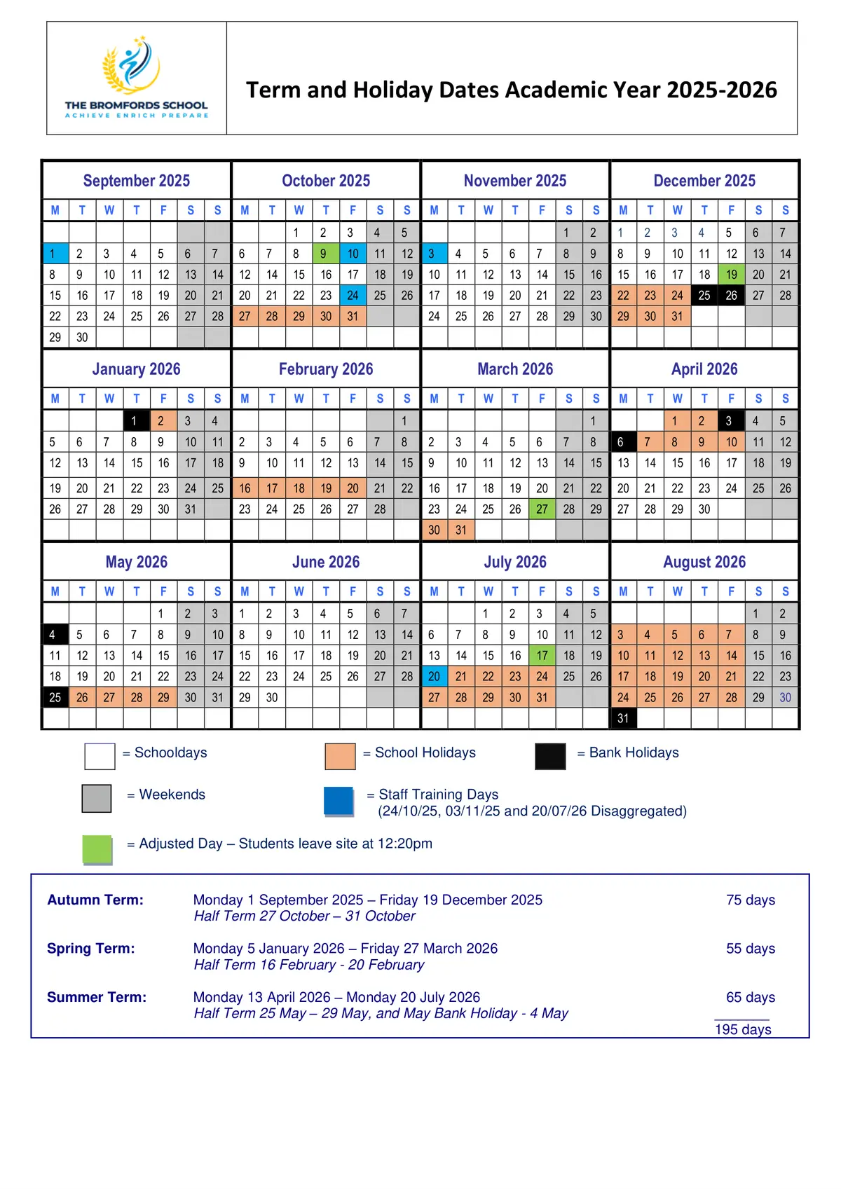 The Bromfords School term dates