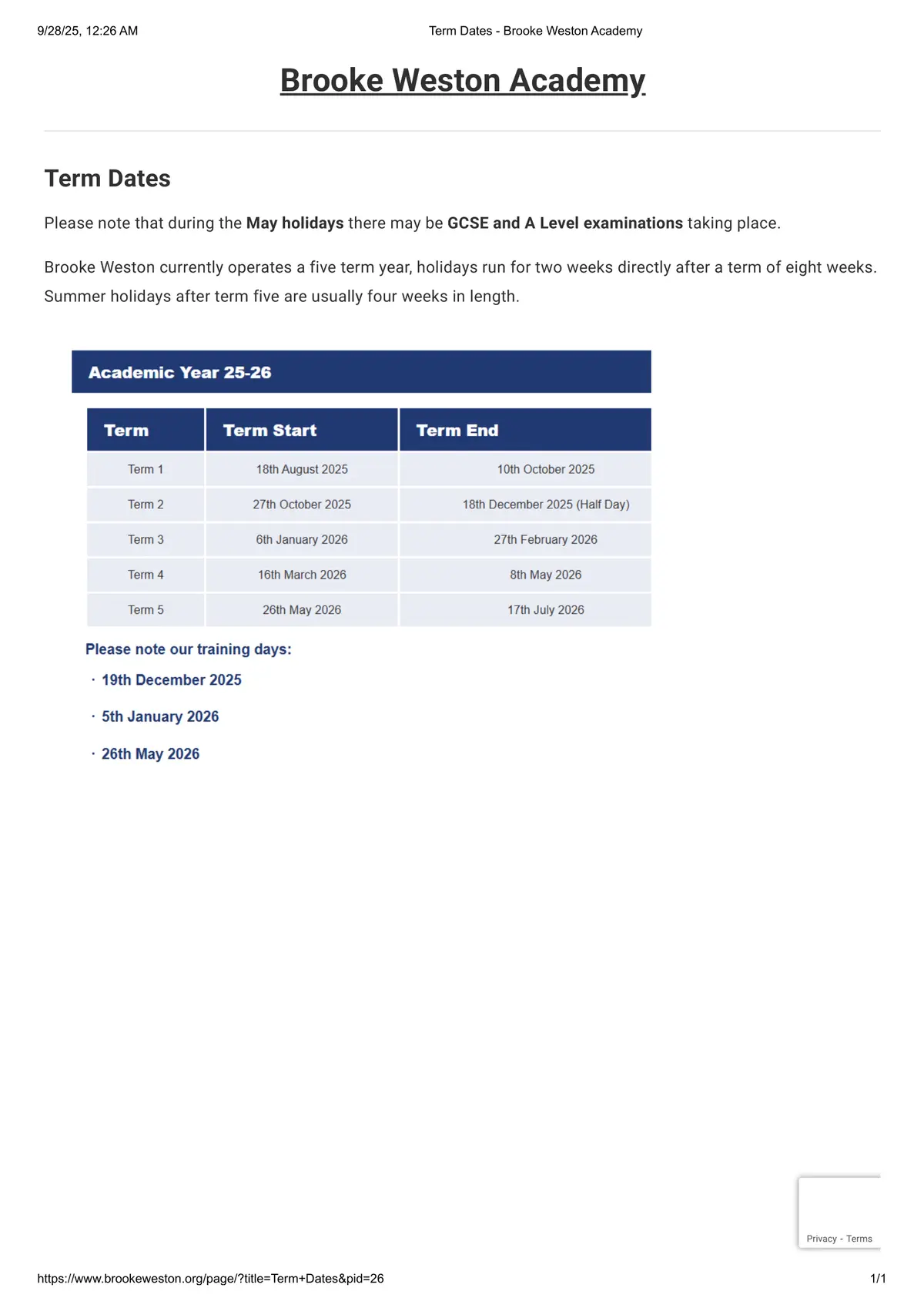 Brooke Weston Academy term dates