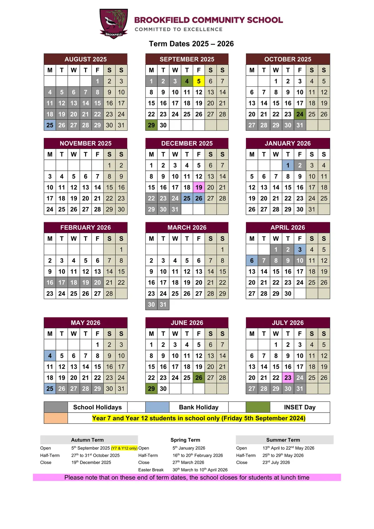 Brookfield Community School term dates