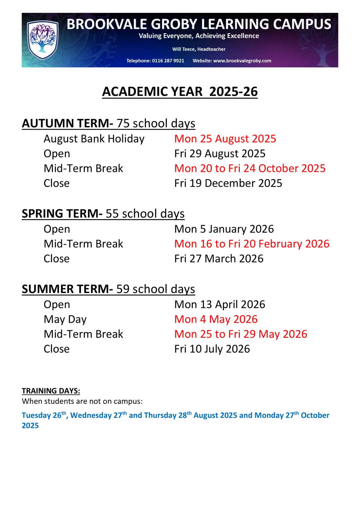 Brookvale Groby Learning Campus term dates