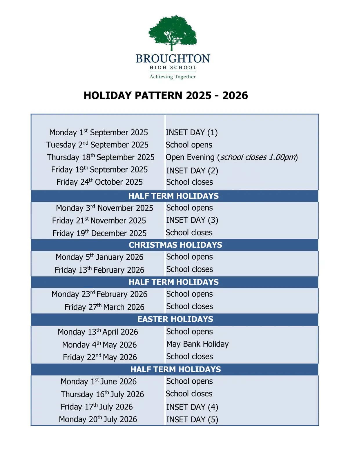 Broughton High School term dates