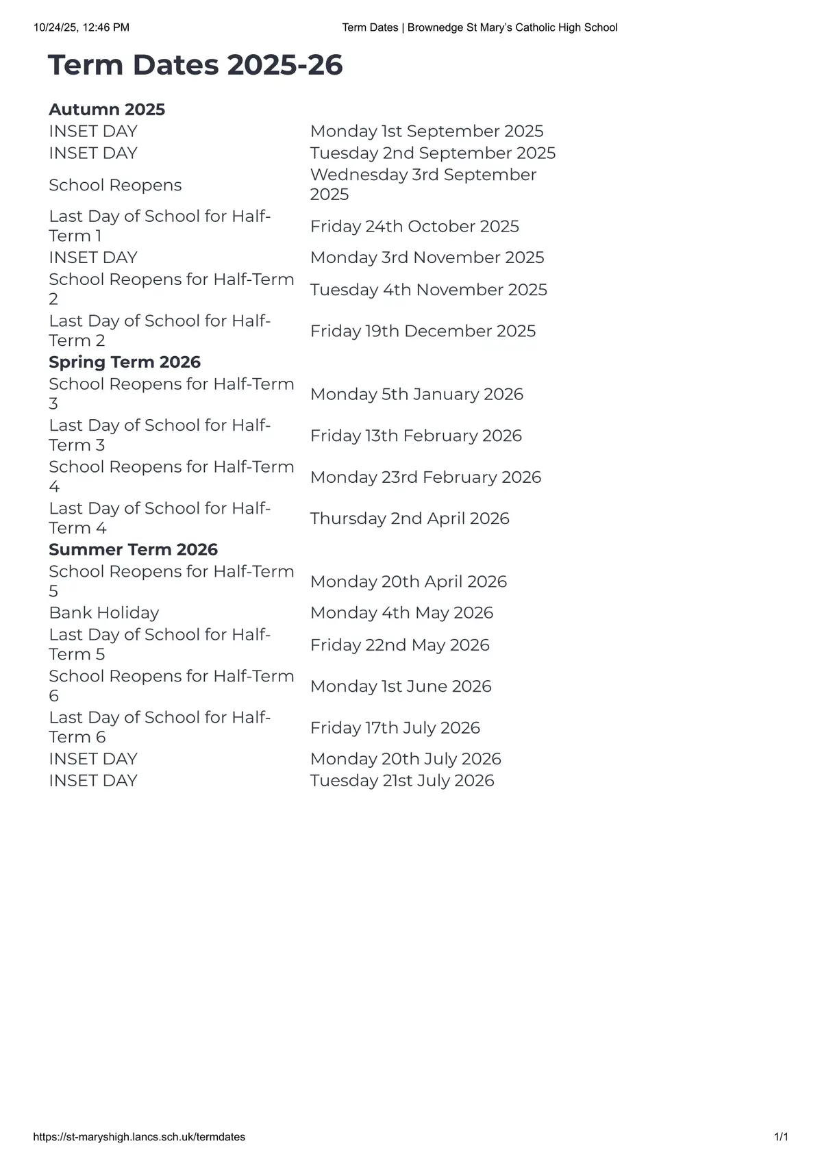 Brownedge St Mary's Catholic High School term dates