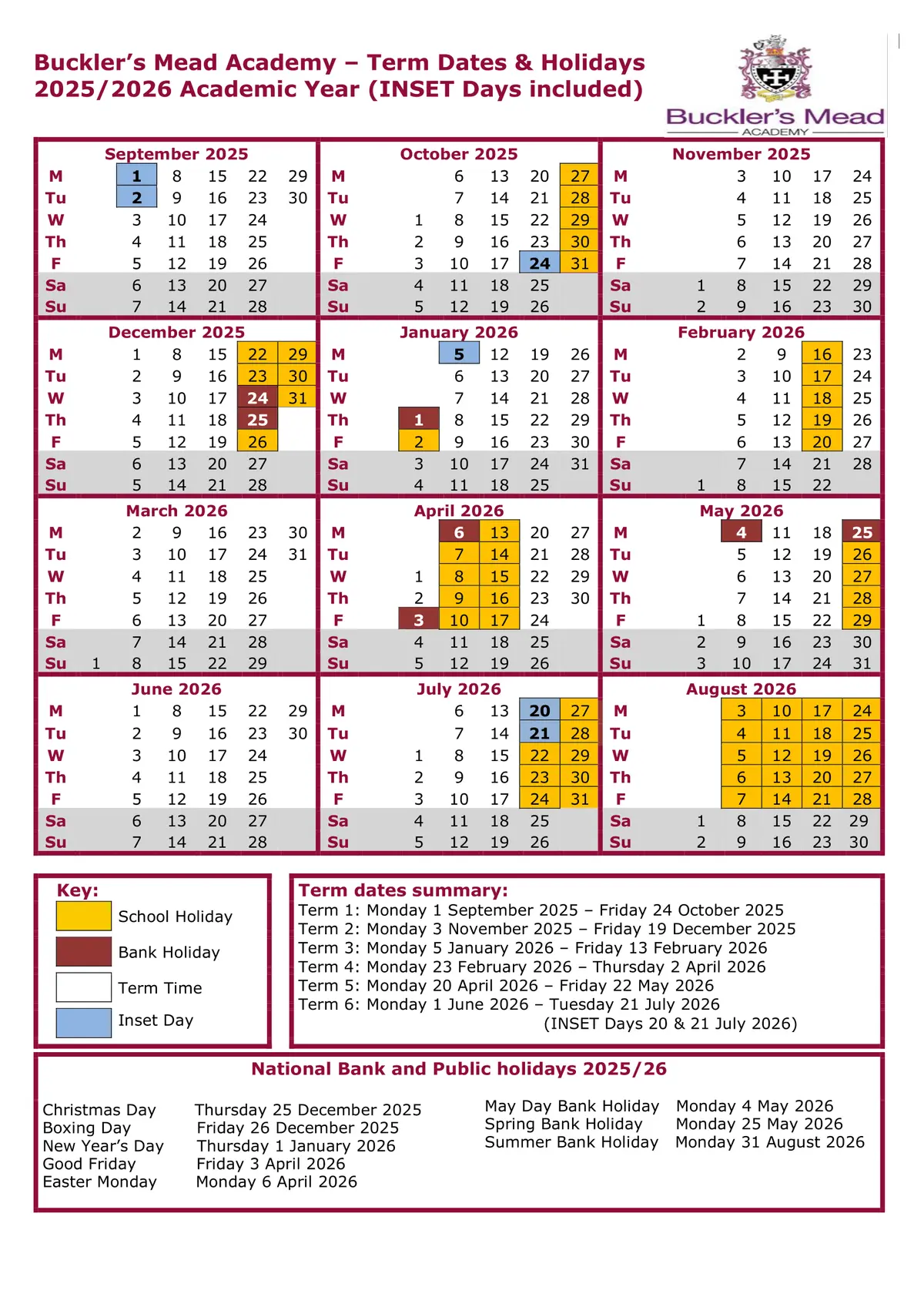 Buckler's Mead School term dates