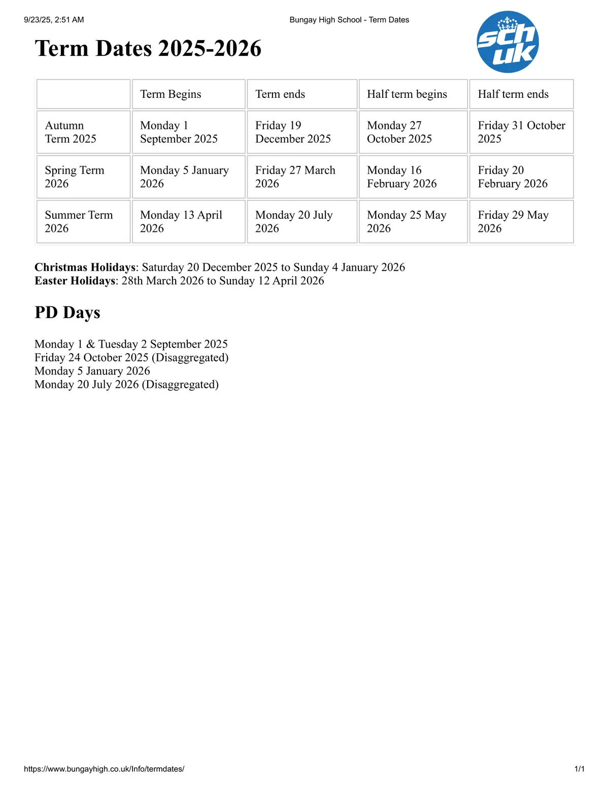 Bungay High School term dates