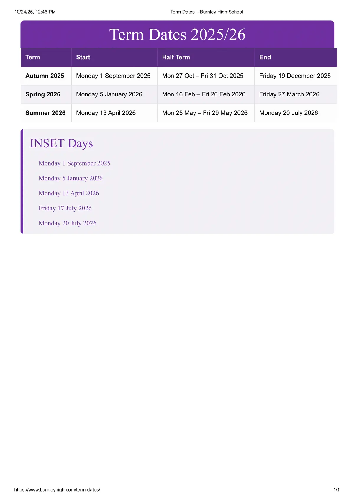 Burnley High School term dates