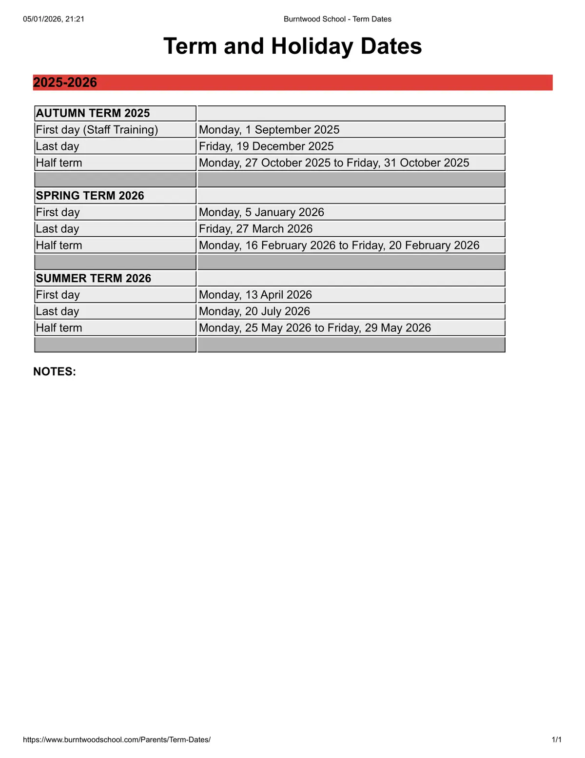 Burntwood School term dates