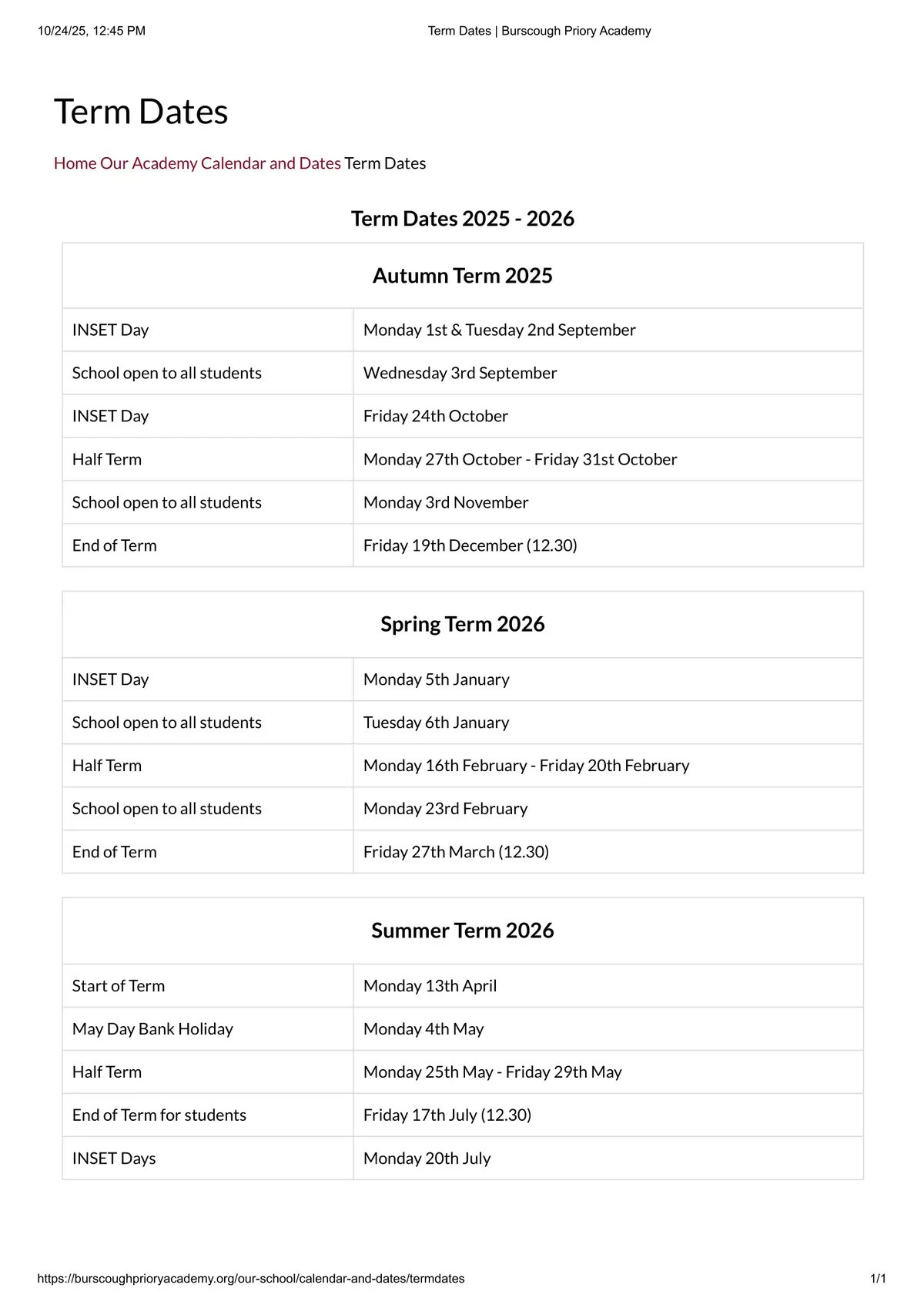 Burscough Priory Academy term dates