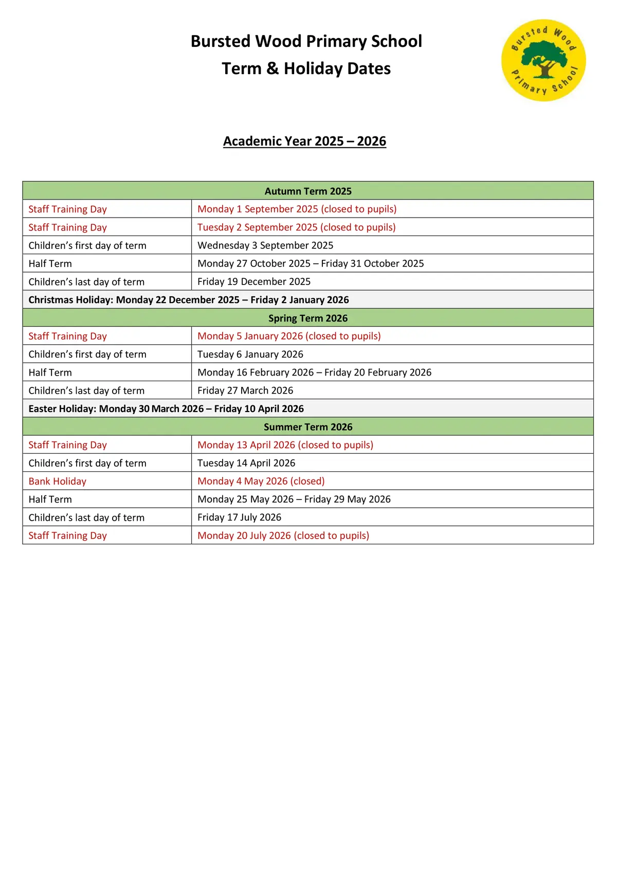 Bursted Wood Primary School term dates