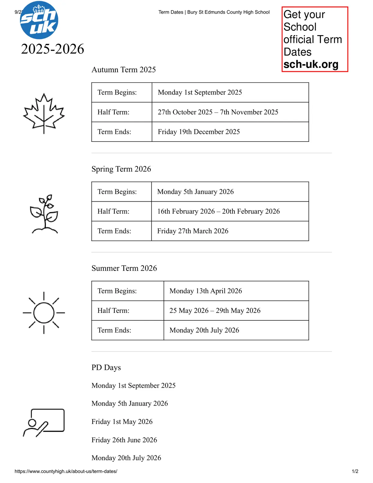 Bury St Edmunds County High School term dates