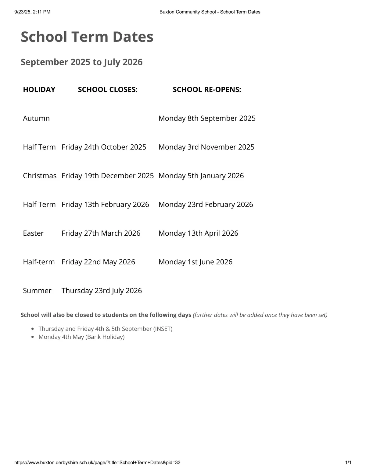 Buxton Community School term dates