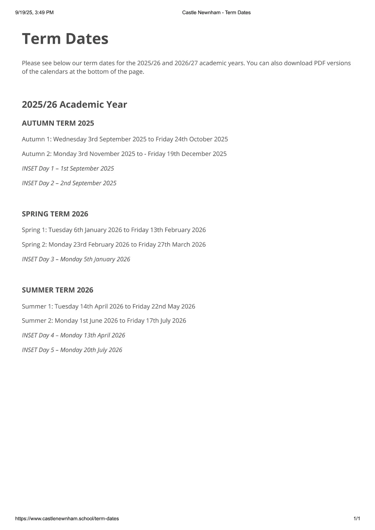 Castle Newnham School term dates